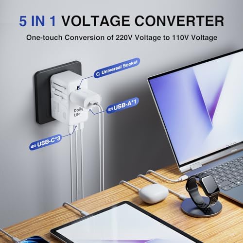 Compact 220 V to 110 V Power Converter with 4-Port USB Charging Hub – Essential Multi-Region Travel Adapter for Seamless Global Connectivity – Lightweight and Stylish White Design for US, UK, EU, and AU Travelers – Enhanced Safety Features for Device Protection