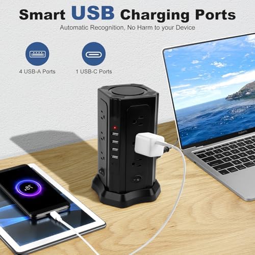 Revolutionize Your Charging Setup with the 16.5 FT Power Strip Tower – 12 AC Outlets & 5 USB Ports (1 USB-C) Surge Protector for Home, Kitchen, Dorm, & Office – Space-Saving Design with Enhanced Overload Protection for Maximum Device Compatibility and Rapid Charging Efficiency