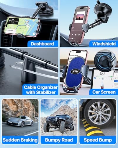 HTU Military-Grade Suction Car Phone Holder 2025 – Versatile Telescopic Arm Smartphone Mount for Dashboard & Windshield – Compatible with i Phone 16 Pro Max, 15, 14, 13, 12 & Samsung – Enhanced Stability for Trucks & Jeeps – Sleek Black Finish for Modern Interiors
