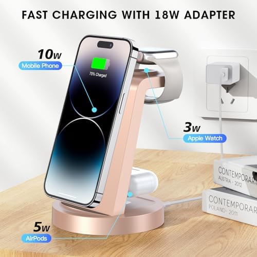 Sleek 3-in-1 Wireless Charging Station for i Phone & Apple Watch – Fast Charging Dock for Air Pods 11-16, Pro Max Models – Stylish Rose Finish & Space-Saving Design for Efficient Device Organization