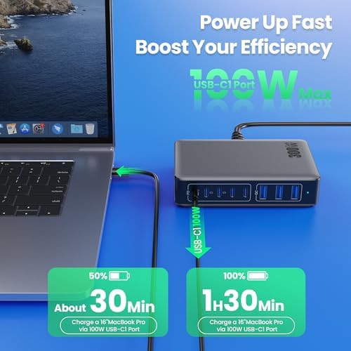 Revolutionary 300 W Ga N IV Technology USB-C Charging Hub – 8-Port Multi-Device Charger for Mac Book Pro/Air, DELL Laptops, i Phone 16/15/14 & Galaxy S25 – Sleek Navy Finish for Enhanced Home & Office Efficiency – Your Premier Solution for Rapid Device Power and Seamless Connectivity