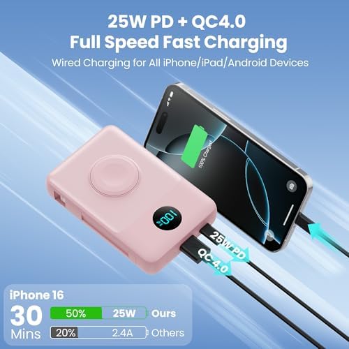 Ultimate 6-in-1 Magnetic Portable Charger, 10800 m Ah Power Bank for i Phone – Features Integrated Cables, Wireless Charging for Apple Watch, Smart LCD Display, and 25 W PD Fast Charging – Perfect Travel Accessory for All Devices with Enhanced Safety Features and Compatibility for i Phone 12 to 16 Series