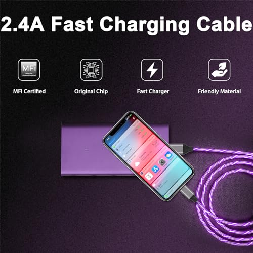 Illuminate Your Charging Experience: 6 ft LED Light-Up MFi Certified i Phone Charger Cable – Fast Charging for i Phone 14, 13, 12, 11 Pro Max, XR, X, SE, 8 Plus, i Pad & i Pod (Vibrant Purple) – Stylish, Durable, and Convenient Performance