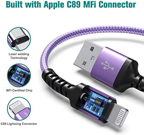 Apple C89 MFi Certified 7-Foot Lightning to USB-A Braided Charging Cable for i Phone 14/13/12/11 Pro, Max, Mini, SE, XS, XR, 8/7/6 Plus, i Pad & Air Pods – Durable, Fast Charging & Stylish Orange/White Design for Enhanced Compatibility