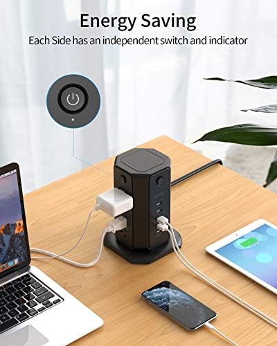 10 ft NTONPOWER Power Strip Tower with 8 Outlets & 5 USB Ports – Premium Surge Protector with Individual Switches, 1080 Joules Protection, 13 A Circuit Breaker – Ideal for Home Office & Entertainment Setup, Sleek Black Design for Ultimate Convenience