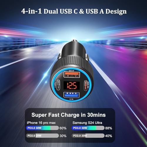 High-Speed USB C Car Charger 3-Pack – 65 W Dual Port QC+PD 3.0 Fast Charging Adapter with Voltmeter for i Phone 16-12, i Pad Pro Max & Android Devices – Reliable Multi-Port Cigarette Lighter Charger in Sleek Black/Gray Design