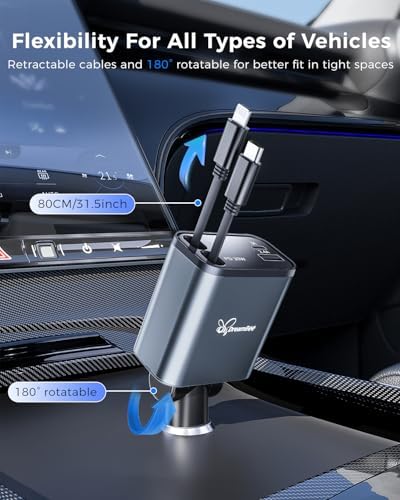 Ultimate Retractable Car Charger PT-27: 4-in-1 Fast Charging Adapter with Dual USB Ports & 31.5-Inch Cables for i Phone & Samsung – Compact, Tangle-Free Power Solution for On-the-Go Connectivity
