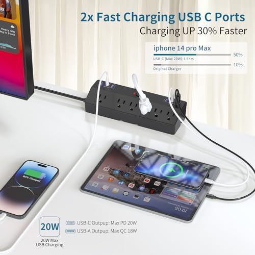 Ultimate Desk Clamp Power Strip with 10 FT Extension Cord – 6 AC Outlets & Dual USB-C Fast Charging Station for Seamless Office Connectivity – Removable Surge Protector for Up to 1.8″ Tabletop – Enhance Your Workspace Efficiency and Stay Powered Up