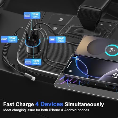 65 W 4-Port USB C Car Charger – Dual USB-A & USB-C Cigarette Lighter Adapter with Built-in Voltmeter for Safe Fast Charging – Ideal for i Phone 16/15/14/13/12/11 Pro Max and Android Devices – Travel Essential Accessory for High-Speed Power Supply