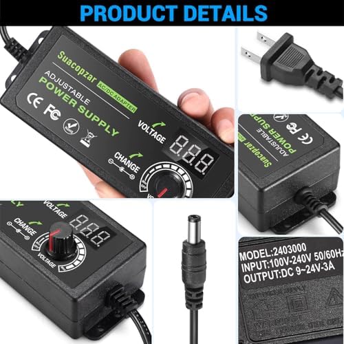Versatile Universal Adjustable AC/DC Power Supply Adapter – 3 A, 72 W Output, 9 V to 24 V Range – Dual Connector Compatibility (5.5 x 2.1 mm & 5.5 x 2.5 mm) – Optimal Power Solution for Home Electronics with Advanced Safety Features and Global Input Voltage Support