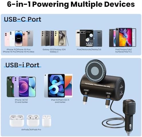 Revolutionize Your Travel Charging with the OHLPRO 6-in-1 Backseat Retractable Car Charger Station – Fast Dual USB Ports with 20 W PD & QC Adaptability, Magnetic Headrest Mount for Ultimate Convenience, Ideal for Rideshare Drivers and Passengers, Compatible with All Devices