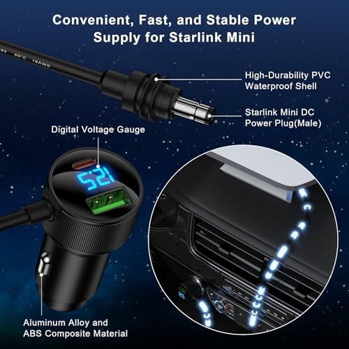 Starlink Mini Power Cable 10 FT – Versatile 3-in-1 Car Charger with Cigarette Lighter Adapter for 12 V-24 V Vehicles, Featuring Digital Display and Dual Fast Charging USB Ports (30 W USB-C PD & 18 W USB-A) for Enhanced Device Compatibility and Performance on the Go