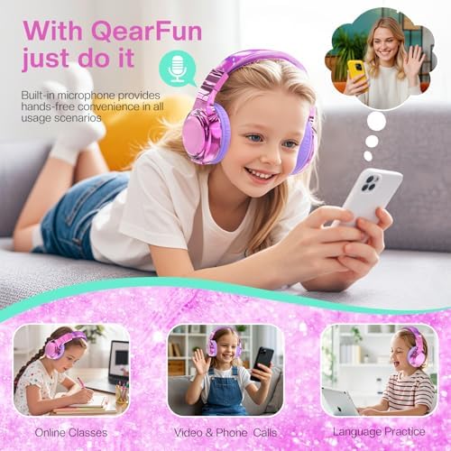 Qear Fun Kids Bluetooth 5.3 Headphones – Ultra-Lightweight Foldable Wireless Headset with Rapid Charging and Integrated Microphone for Seamless School and Travel Listening – Trendy Metallic Gradient Finish for Young Music Lovers – Perfectly Compatible with Tablets and i Pads – Superior Comfort and Sound Quality for Young Listeners