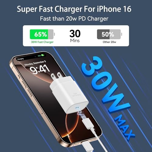 30 W USB-C Fast Charging Block with 10 FT Type C Cable – Ultimate Charging Solution for i Phone 16/15 Series and Beyond – Compact, High-Efficiency Power Adapter for Home and Travel Use – Safe and Reliable Device Charging