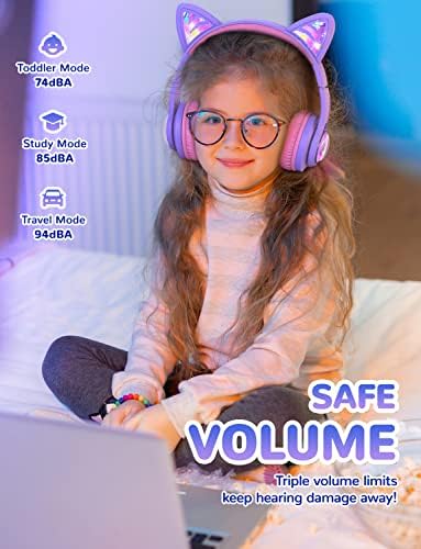 Magical Cat Ear Bluetooth Headphones for Kids – Mesmerizing Gradient Pink with LED Glow, 50-Hour Battery Life, Safe 74/85 d BA Volume Limiting, Superior Bluetooth 5.2 Connectivity & Rapid USB-C Charging for Ultimate Travel Convenience and Enjoyment