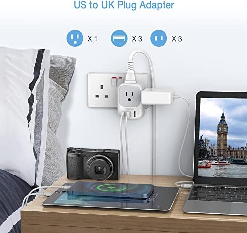 TESSAN Type G Travel Adapter: Versatile US to UK Plug Converter with 4 Outlets & 3 USB Ports for Effortless International Charging Across England, Scotland, Dubai, and More