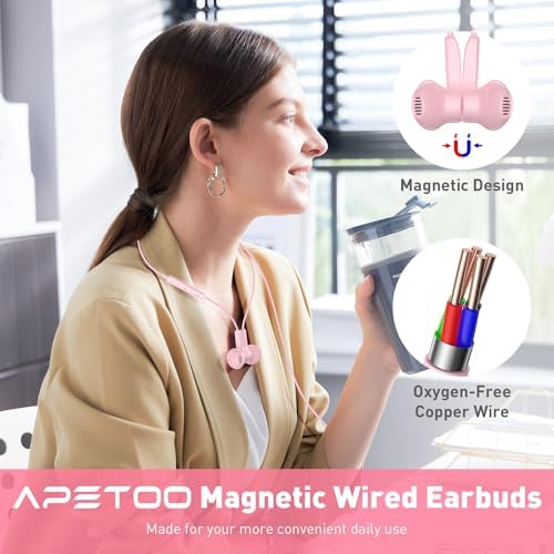Elevate Your Audio Experience with Pink USB-C Wired Earbuds – Hi-Fi Stereo Sound with Built-in Microphone, Volume Control & Tangle-Free Magnetic Design for i Phone 16/15 Plus & Android Devices – Ideal for Calls, Music, and Podcasts