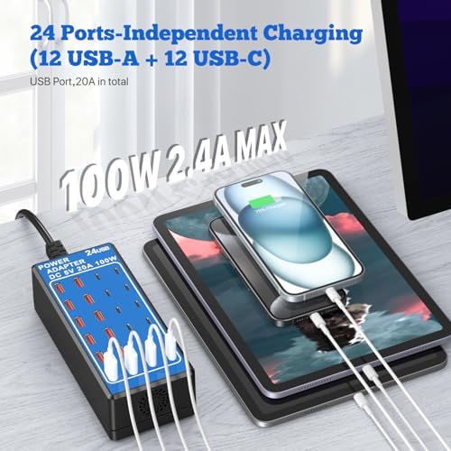 24-Port USB Charging Hub with 100 W Fast Charge Capability – Multi-Device Desktop Station with 12 USB-A & 12 USB-C Ports for Rapid Power Delivery to i Phone, i Pad, Samsung Galaxy, Laptops, and More – Space-Saving Design Ideal for Home or Office Use