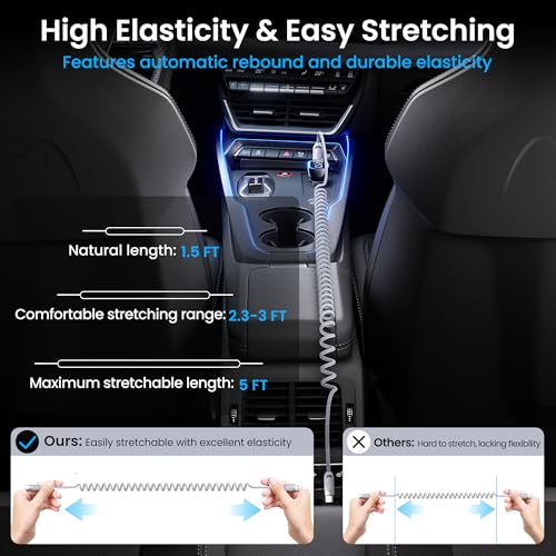 Coiled USB A to USB C 2Pack 3FT Braided Retractable Fast Charging Cable for Car, Compatible with iPhone 16/15 Pro Max/Galaxy S24/S23/S22, Supports Car Play & Android Auto-Black – Enhanced Compatibility and Speed