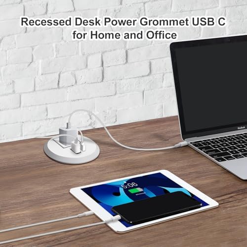 Revolutionize Your Workspace with 2-Inch Desktop Power Grommet – Fast-Charging 20 W USB-C Outlet, 6.5 FT Extension Cord, 45° Flat Plug, ETL Listed for Ultimate Safety and Compatibility – Ideal Recessed Desk Solution for Conference Rooms and Nightstands
