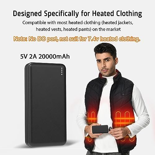 20000 m Ah Rechargeable Heated Vest Battery Pack – 5 V 2 A Power Bank for Heated Clothing – Lightweight, Portable, and Eco-Friendly Power Solution for Men and Women – Perfect for Outdoor Winter Adventures – Enhanced Compatibility for Vests, Jackets, and Hoodies