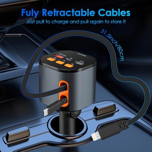 Ultimate 5-in-1 Fast Car Charger with Bluetooth 5.3 FM Transmitter – 90 W Retractable Charging Hub for i Phone 15/14/13 – Hands-Free Calling and Dual USB Ports for Seamless Connectivity and Quick Charging – Compact Black Design for Enhanced In-Car Experience