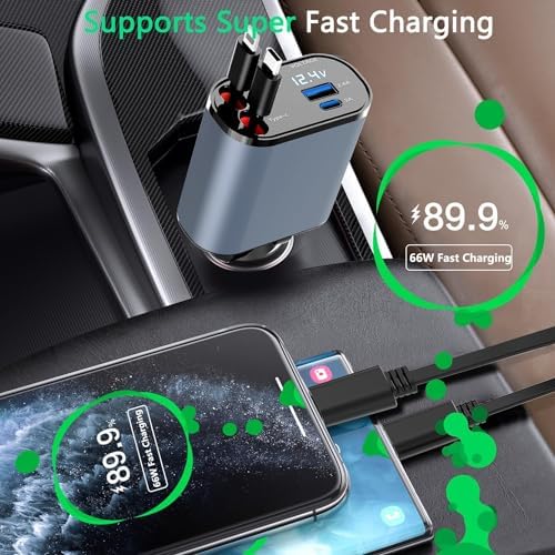 Ultimate 4-in-1 Retractable Car Charger Adapter – 100 W Fast Charge Solution for i Phone 15/14/13 Pro Max, Galaxy & Pixel – Tangle-Free 2.6 ft Cables for Multi-Device Compatibility and Convenient On-the-Go Power