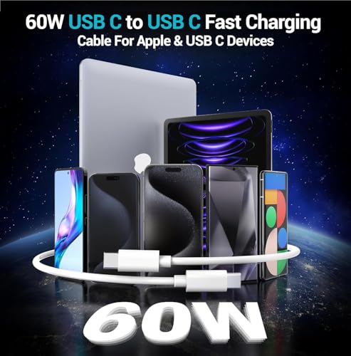 Ultimate 5-Pack 6 ft USB C to C Fast Charging Cables – 60 W Power Delivery for i Phone 16 Series and Galaxy S25, S24, S23, S22 – Durable, Flexible, High-Speed Charging Solution in Sleek White Design for Home & On-the-Go Use