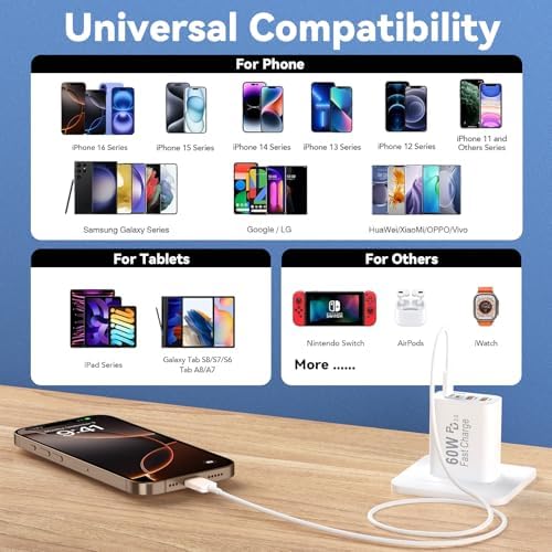 40 W USB C Charger Block – Dual Pack of 4-Port Fast Charging Power Bricks with PD & QC 3.0 Technology for i Phone 16/15/14/13/12/11 Pro Max, i Pad, Galaxy, Pixel – Sleek White & Blue Design for Convenient Multi-Device Charging