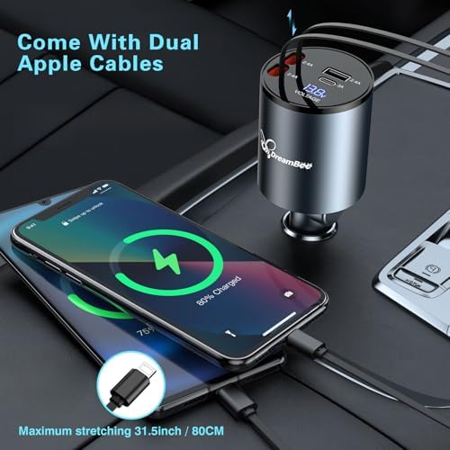 Ultimate 68 W 4-in-1 Retractable Car Charger – Rapid Dual USB Charging Adapter for i Phone 15/14/13/12 Pro Max, Samsung, Pixel & More – Tangle-Free Cables (31.5 inches) for On-the-Go Convenience and Enhanced Device Compatibility