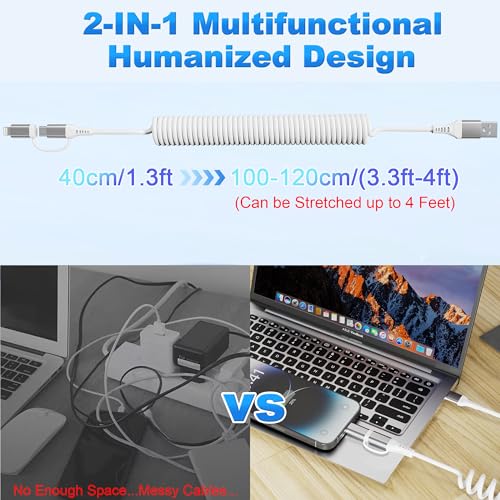 Universal Coiled USB to USB-C and Lightning Charging Cable for Car – 3 A Fast Charge & Data Sync Solution for i Phone and Android Devices – Ideal 3 Ft Length for Seamless Apple Car Play & Android Auto Integration – Durable, Tangle-Free, and Convenient Power Access in Your Vehicle – Enhance Your Driving Experience with Reliable Connectivity