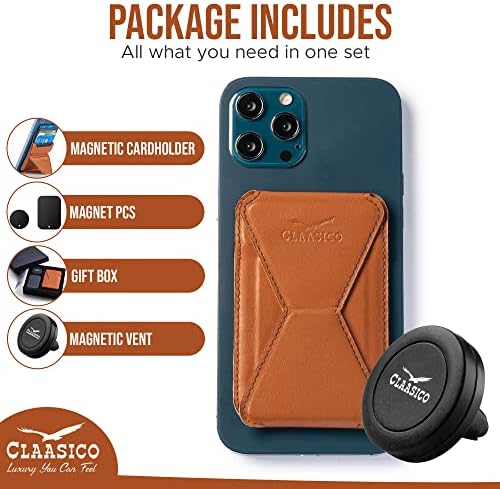 Versatile Claasico Magnetic Cell Phone Wallet & Stand – Stylish Brown Cardholder with Car Air Vent Mount, Dual-Mode Viewing, Extra Magnetic Strips for Enhanced Compatibility – Ultimate Hands-Free Accessory for i Phone Users and Minimalist Lifestyles