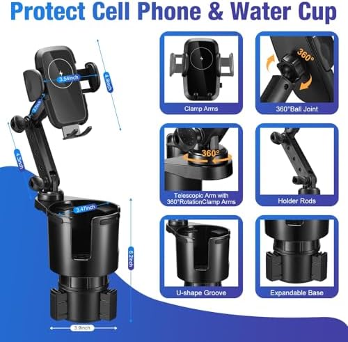 Ultimate 15 W Fast Charging Cup Holder Phone Mount with Auto-Clamping Technology – Adjustable Base for All Smartphones, 360° Rotation for Optimal Viewing, Complete with Car Adapter for Enhanced Portability and Connectivity