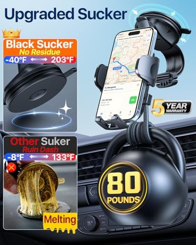 HTU Premium Adjustable Suction Car Phone Holder with Bendable Arm – Ultimate Dashboard and Windshield Mount for i Phone 16, 15, 14, 13, 12 Pro Max (Black) – Secure Grip, 360-Degree Rotation, Enhanced Safety and Usability