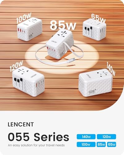 85 W Universal Travel Power Adapter with Retractable USB-C Cable – Optimal Fast Charging Hub for Global Use, Featuring 4 Ports for Seamless Connectivity in US, EU, UK & Beyond, Engineered for On-the-Go Professionals Seeking Efficiency and Versatility