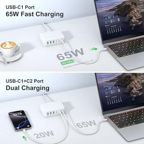 BREEKET 100 W USB C Fast Charger Hub – 6-Port Ga N Charging Station with 3 USB-A & 3 USB-C Connections – High-Speed Wall Adapter for i Phone 15/14/13/12/11 Pro Max, i Pad, Google Pixel & Samsung Galaxy Devices – Compact, Safe & Stylish Power Solution