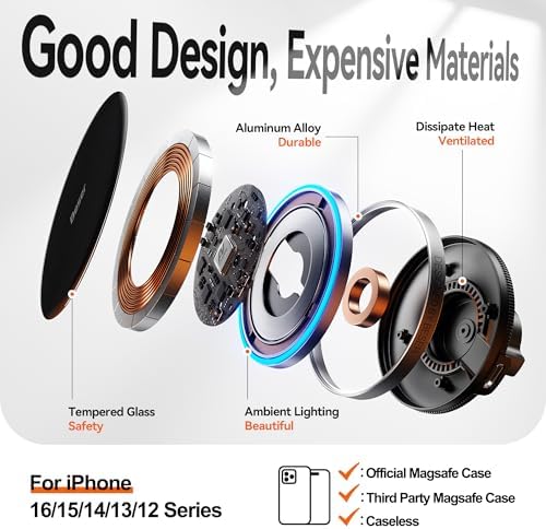 Magnetic Wireless Qi Charger & Car Mount for i Phone – Beser 15 W Mag Safe Holder, Sleek Aluminum Alloy Design, Versatile Dashboard/Vent Installation, Fast Charging for i Phone 16/15/14/13/12 Mini Pro Max – Enhance Your Driving Experience with Secure Grip and Hands-Free Navigation