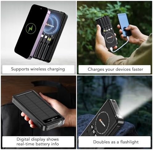 Ultimate Portable Solar Power Bank with Integrated Charging Cables – 10,000 m Ah Waterproof Battery Pack for Phones Featuring USB, Micro USB, Lightning, Type-C, and Wireless Charging – Perfect for Outdoor Adventures and Daily Use (Black Blue)