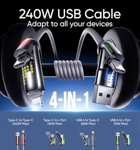MAGIC JOHN 240W 4 in 1 Charging Cable, 4FT USB C to Lightning Cable [MFi Certified], Multi Chargers for All Devices, Chubby USB A/C to C/Lightning with Light for iPhone/MacBook/iPad/Samsung/Switch 2 – Enhanced Compatibility and Speed