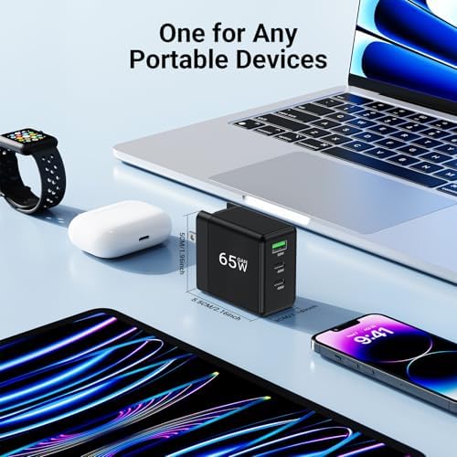 65 W USB C Wall Charger – Compact 3-Port Fast Charging Station for Mac Book Pro, i Pad Pro, Galaxy S23 & i Phone 15 – Foldable Travel Design with Universal Compatibility & Enhanced Safety Features for Optimal Device Performance