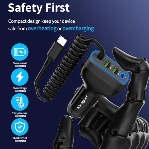 Ultra-Fast 72 W 4-Port USB-C Car Charger with 5 ft Coiled Cable for i Phone 16/15 Pro Max, Samsung Galaxy S25/S24/S23, and Pixel 9 Pro – Multi-Device Compatibility and Rapid Charging for On-the-Go Power Needs