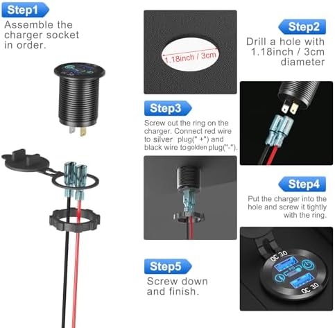 Premium 12 V USB Aluminum Car Charger Socket with PD 3.0 and Dual Quick Charge 3.0 Ports – Waterproof Automotive Charging Solution for Cars, Boats, RVs & Motorcycles – Touch Switch Control & Fuse Wire Kit for Enhanced Safety and Versatility