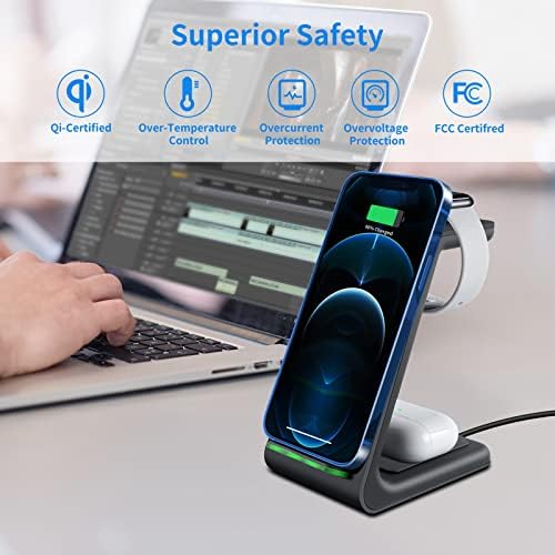 YOCUNKER 3-in-1 Qi Wireless Charging Dock – Efficient Space-Saving Solution for i Phone 14/13/12/11 Pro Max, Apple Watch Series 7/SE/6/5/4/3/2 & Air Pods 3/Pro/2 – Fast, Reliable Power with Enhanced Safety Features – Streamline Your Charging Experience and Declutter Your Workspace with This Sleek, Compact Design