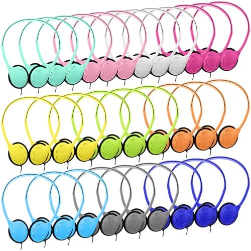 Yunsailing 30 Pack Colorful Classroom Headphones for Kids – Durable On-Ear Adjustable Earphones with Universal 3.5 mm Jack – Essential Bulk Headsets for Engaging Learning and Interactive Activities in Educational Settings