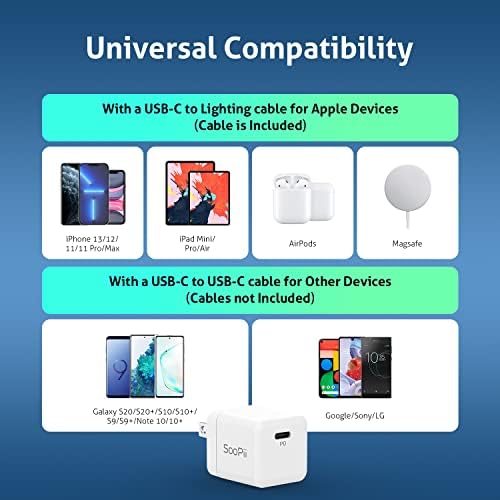 Soo Pii 20 W PD Fast USB C Charger – Compact, Foldable Power Adapter for i Phone 13, 12 Series, Tablets & More – Lightning-Fast Charging with Enhanced Versatility & Travel-Friendly Design
