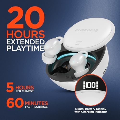 Hyper Gear Mini True Wireless Earbuds – Advanced Noise-Cancellation for Sleep Enhancement – 20-Hour Long Battery Life for Continuous Relaxation – Ergonomic Comfort Design Perfect for Meditation and Travel – Multi-Device Bluetooth Compatibility for Ultimate Versatility – Experience Uninterrupted Rest and Rejuvenation