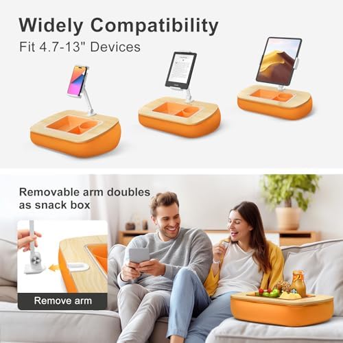 Ultimate Comfort Lap Beanbag Tablet Pillow Stand with Integrated Snack Bowl – Adjustable 360° Rotating i Pad Holder for 4.7″-13″ Devices – Perfect for Hands-Free Reading and Relaxation on Bed, Couch, or Recliner in Stylish Gray – Enhance Your Leisure Experience Today!