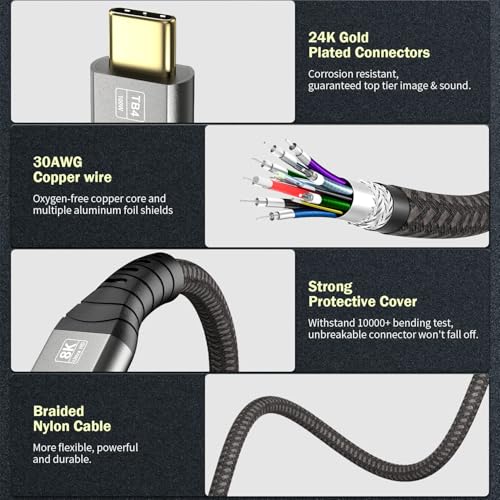 USB-C 4FT 40Gbps Braided Cable – 90 Degree, 8K Display, 100W Charging, Compatible with Thunderbolt 4/3 USB4/3, MacBook Pro, External SSD, eGPU – Enhanced Compatibility and Speed