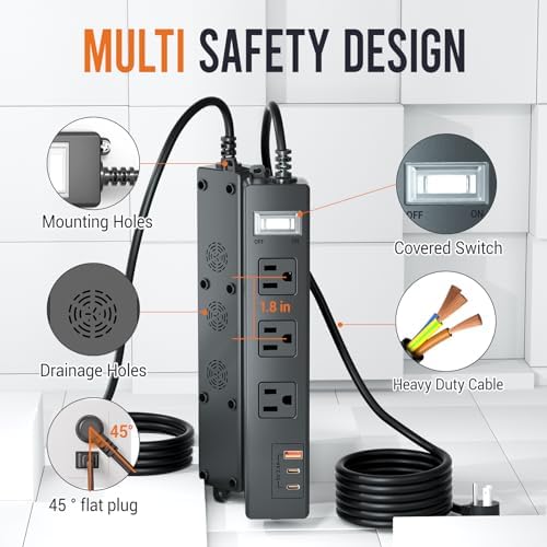VNJ Outdoor Power Strip: 8 AC Outlets & 4 Fast USB Ports, IPX6 Waterproof Surge Protector with Safety Lock for Secure Connections, ETL-Certified 15 FT Extension Cord – Ideal for Home, Garden, and Commercial Applications
