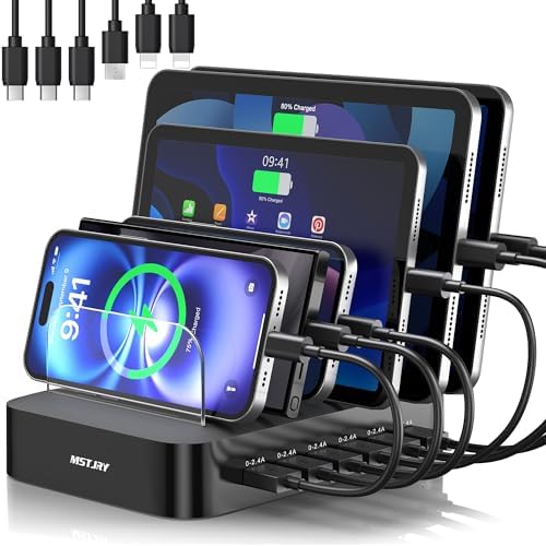 MSTJRY Multi-Device Charging Station: 6-Port USB Fast Charger Hub for Family Organization – Sleek Black Dock for i Phone, i Pad, Android, and Tablets – Smart Charging Technology with Safety Features for Efficient Power Management